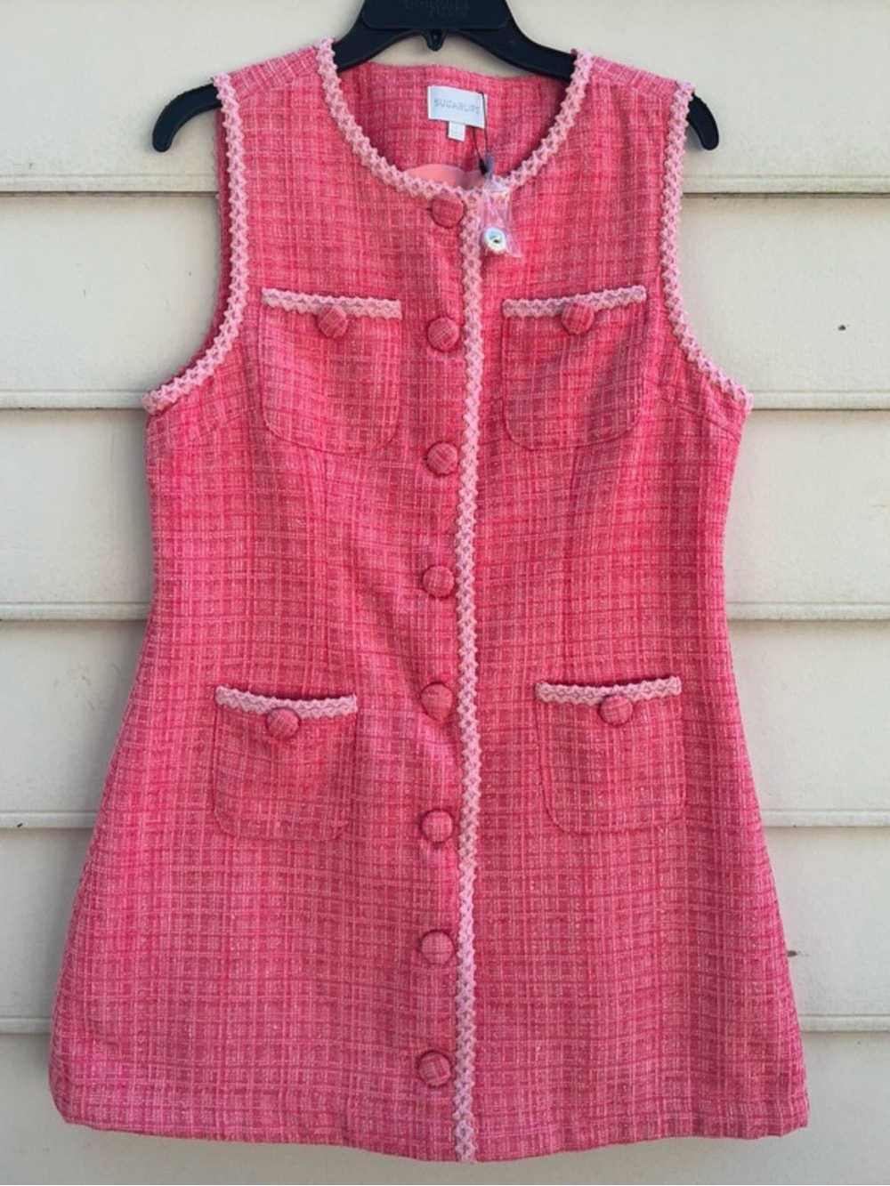 Sugarlips Pink Tweed Button-Front Dress with Trim